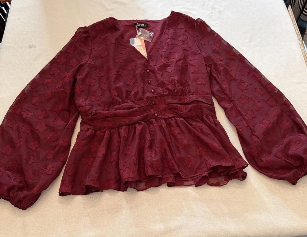New! BTFBM Women's Red Floral Design Button Accent Long Sleeve Blouse XL